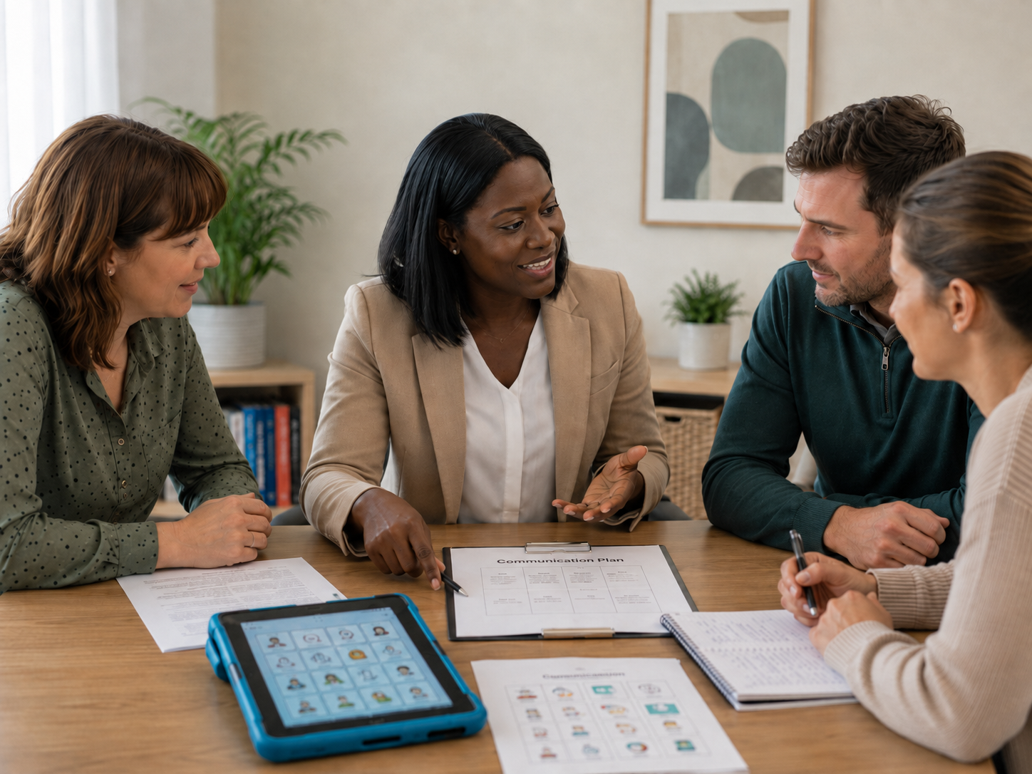 A Speech and Language Therapist leading a communication planning discussion with a family member, a teacher and a care professional, with an AAC device and a written communication plan on the table