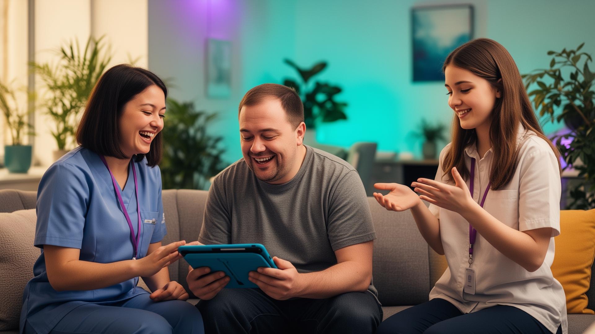A support worker, a man with Down syndrome using an AAC tablet, and an autistic adult woman communicating together in a warm home setting